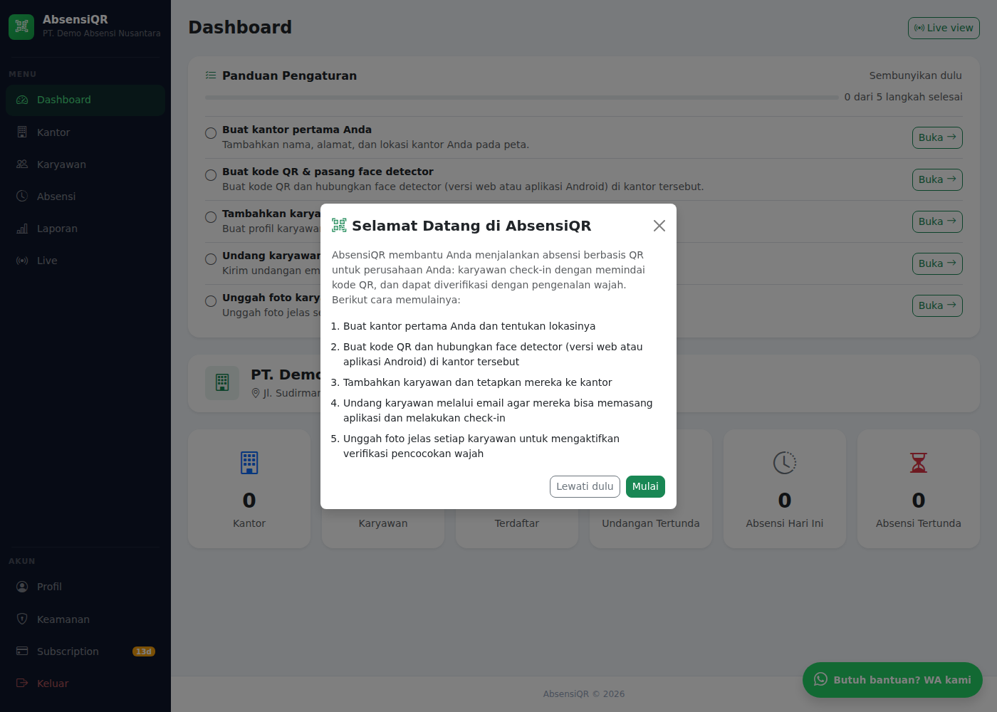 Dashboard perusahaan dengan jendela sambutan Selamat Datang