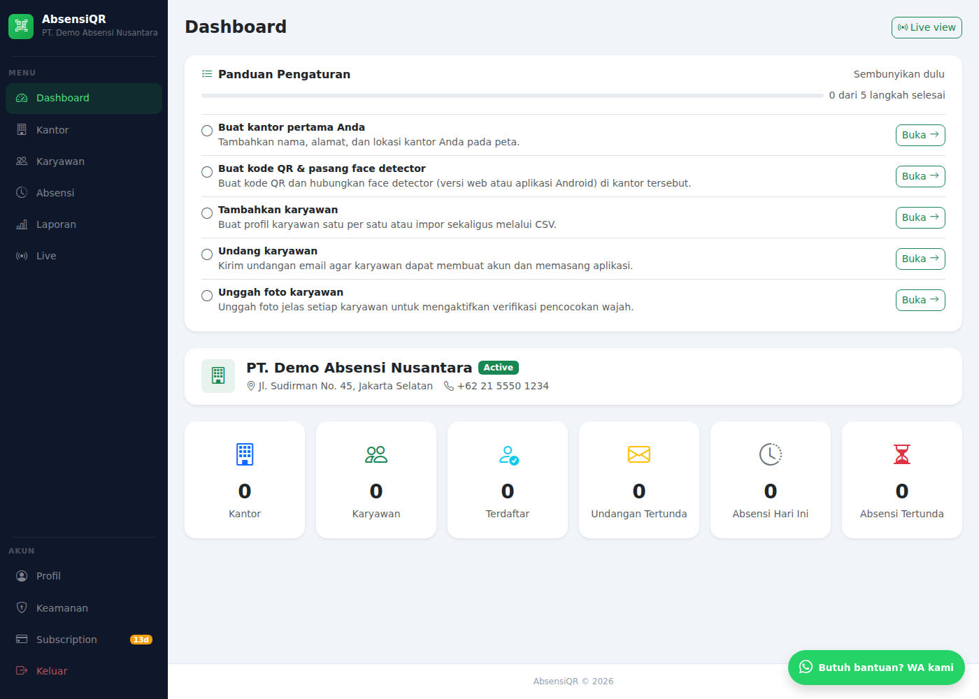 Dashboard dengan panduan pengaturan 5 langkah dan kartu statistik