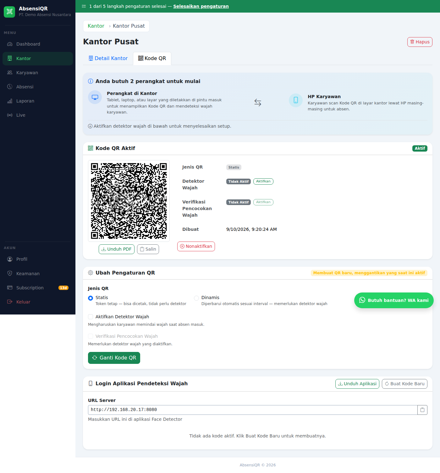 Panel Kode QR sebelum detektor wajah diaktifkan