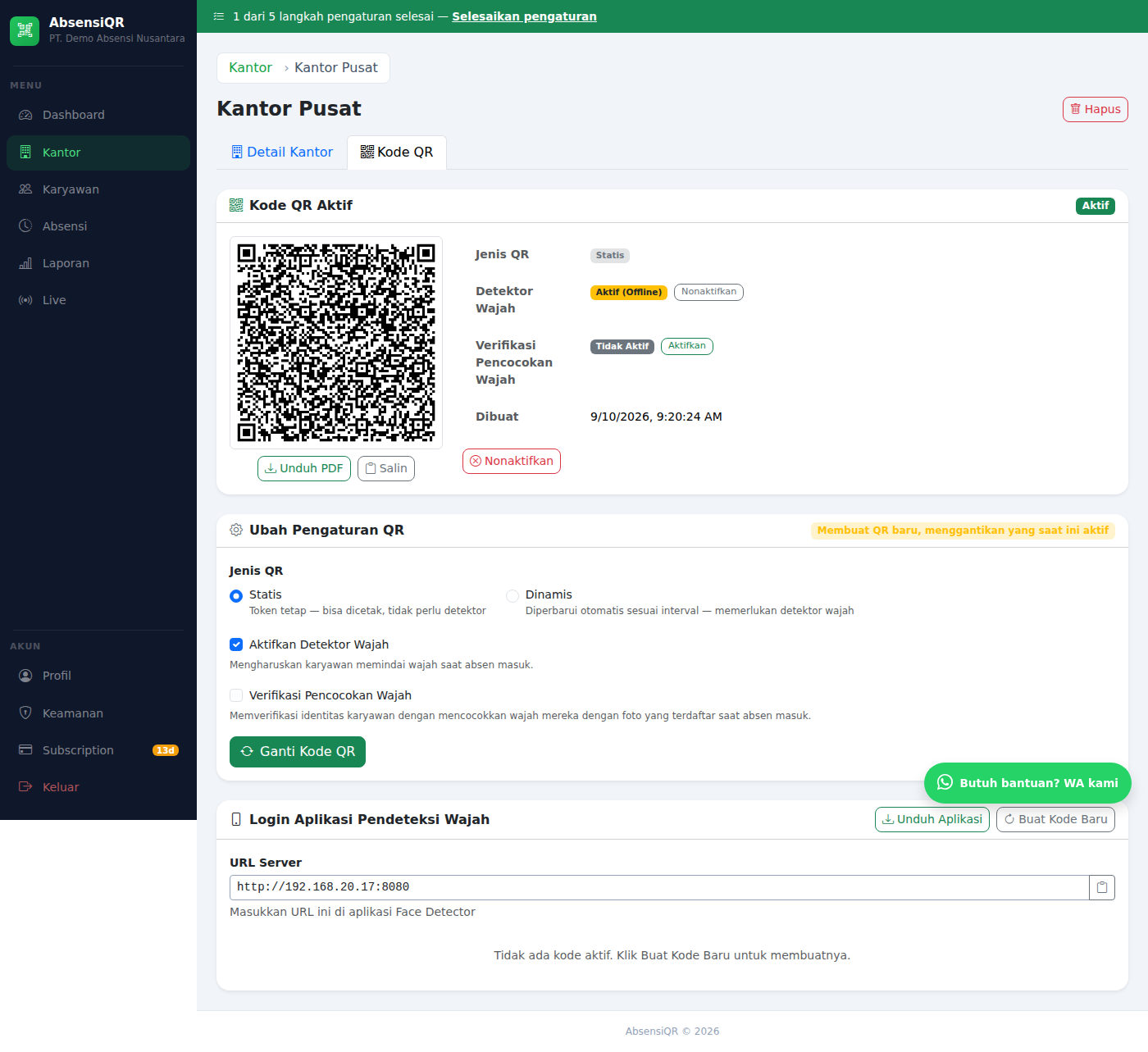 Detektor wajah setelah diaktifkan dengan status Aktif Offline
