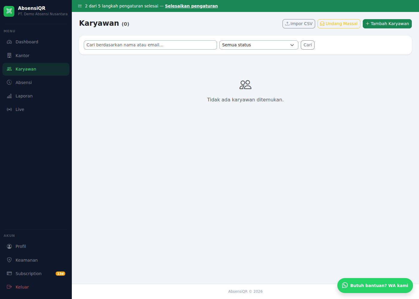 Halaman Karyawan sebelum ada data
