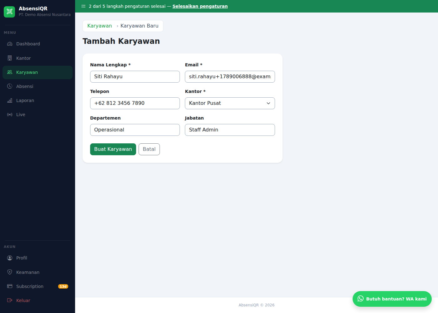 Formulir tambah karyawan terisi