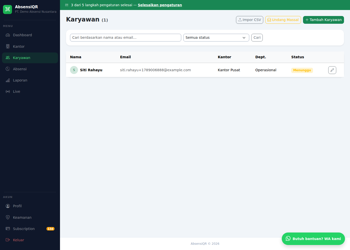 Daftar karyawan menampilkan satu karyawan baru