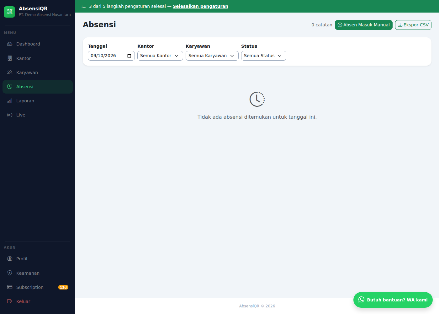 Halaman Absensi sebelum ada data