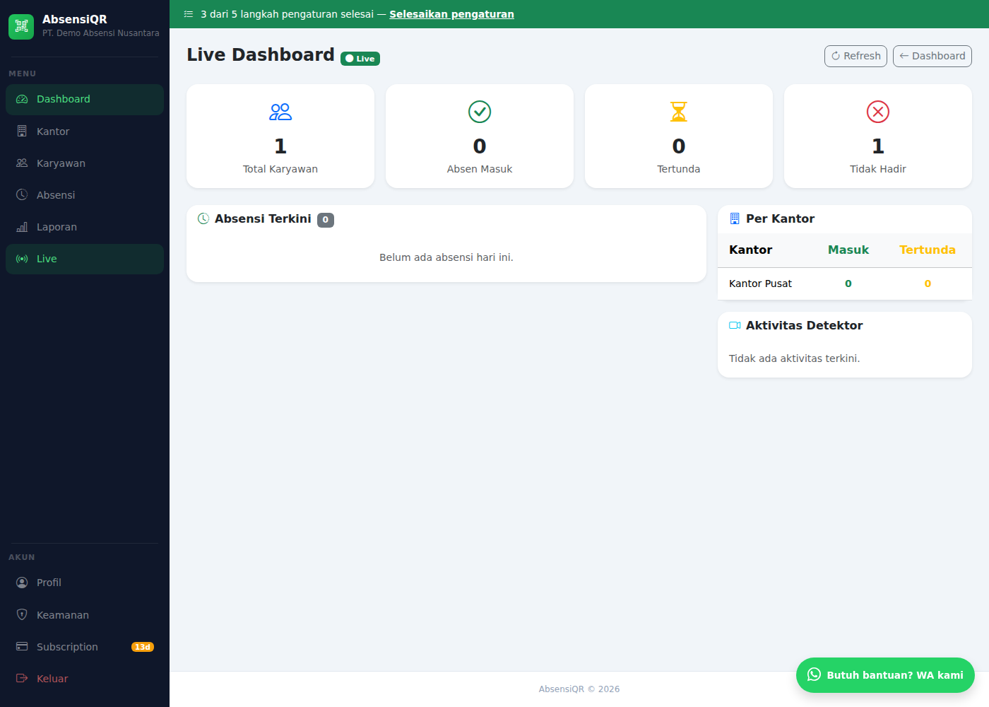 Live Dashboard menampilkan statistik dan aktivitas real-time
