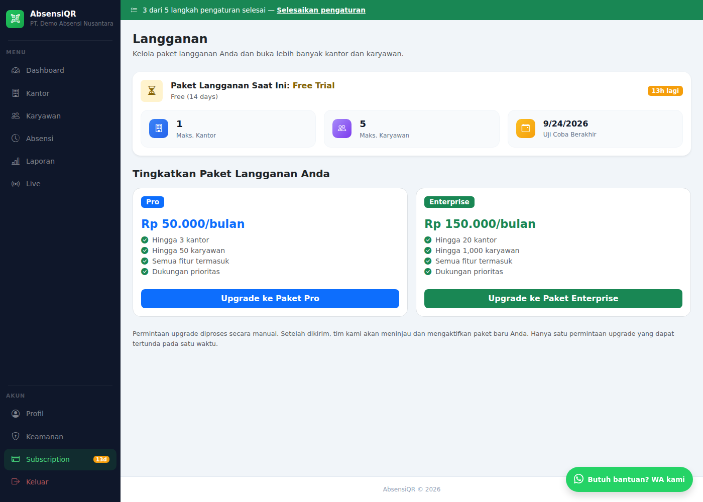 Halaman Subscription menampilkan paket aktif dan pilihan upgrade