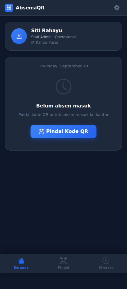Halaman Beranda karyawan menampilkan status belum absen masuk