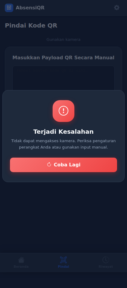 Pesan error saat kamera tidak dapat diakses