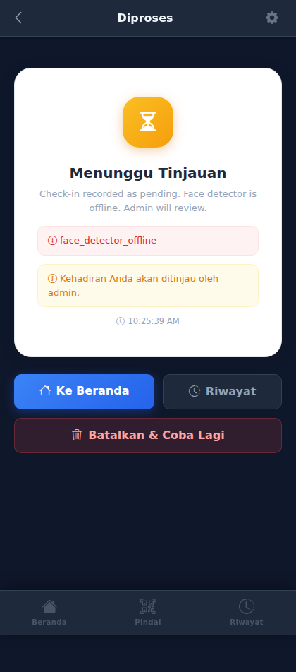 Halaman hasil absensi dengan status Menunggu Tinjauan