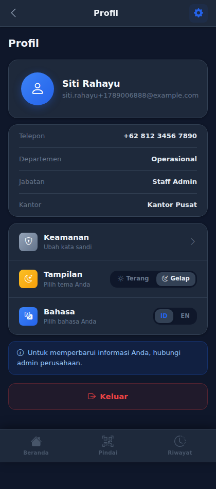 Halaman Profil karyawan dengan pengaturan tampilan dan bahasa