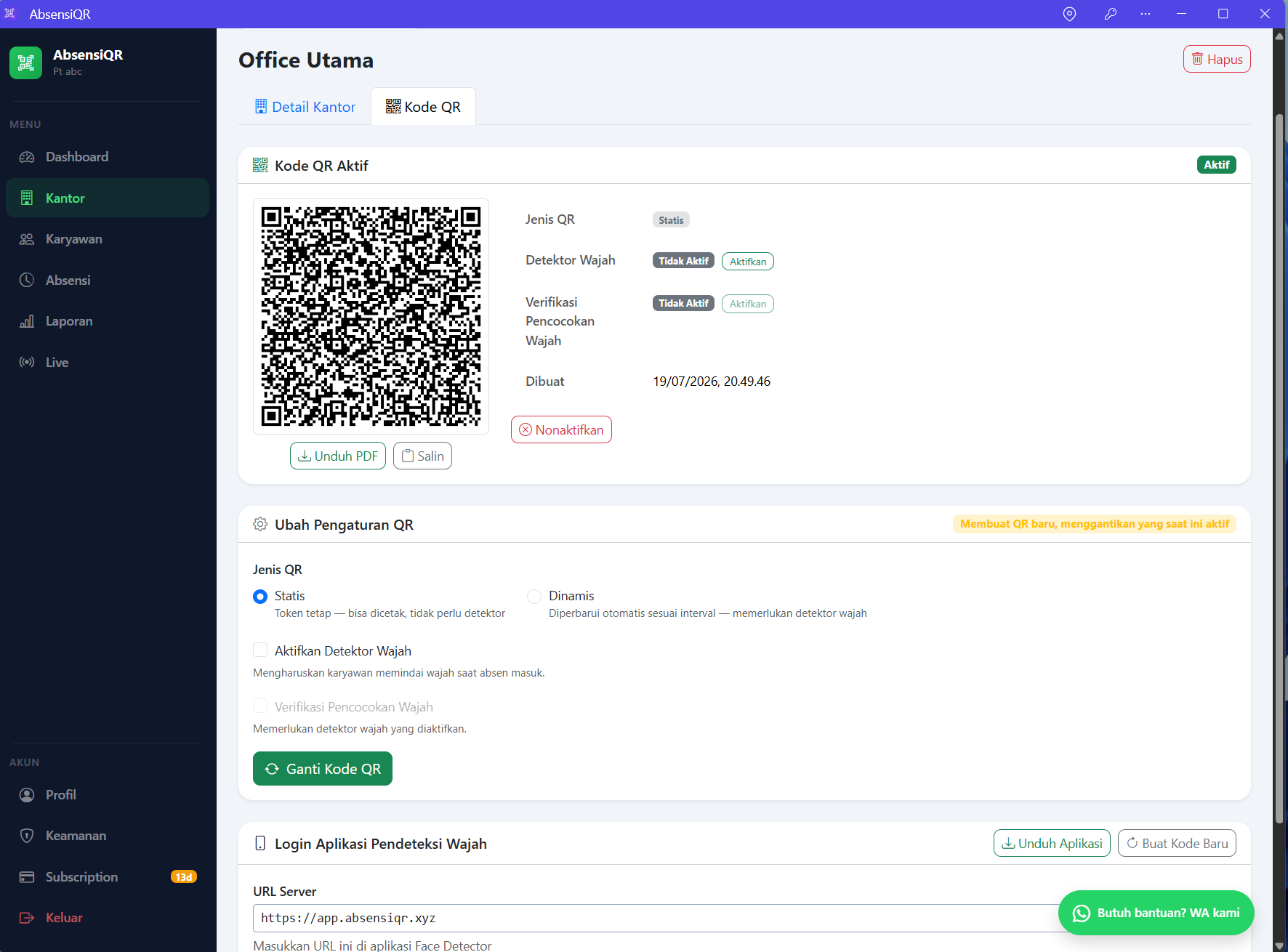 Pengaturan Kode QR dinamis dan verifikasi pencocokan wajah