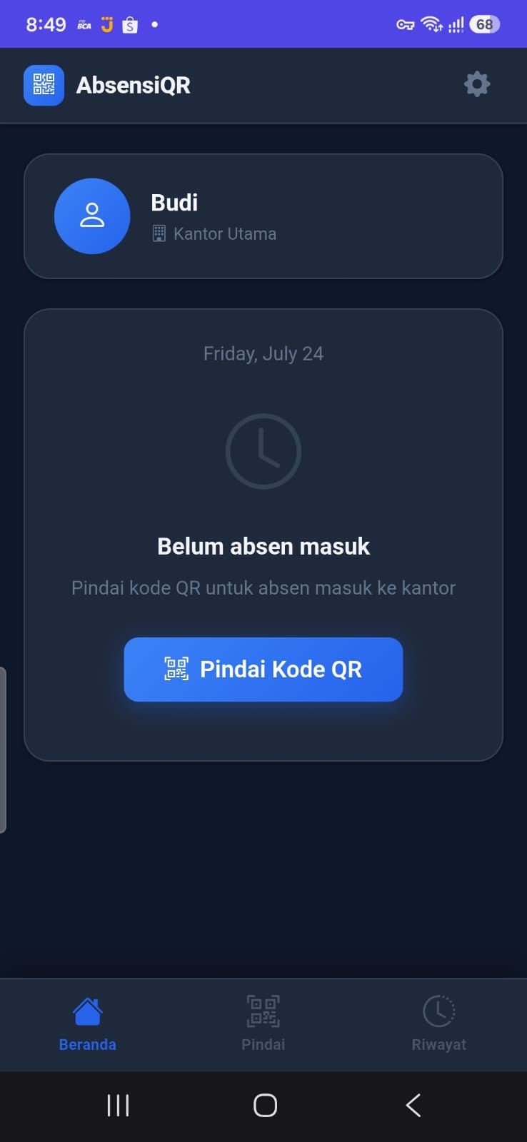 Tampilan aplikasi karyawan AbsensiQR